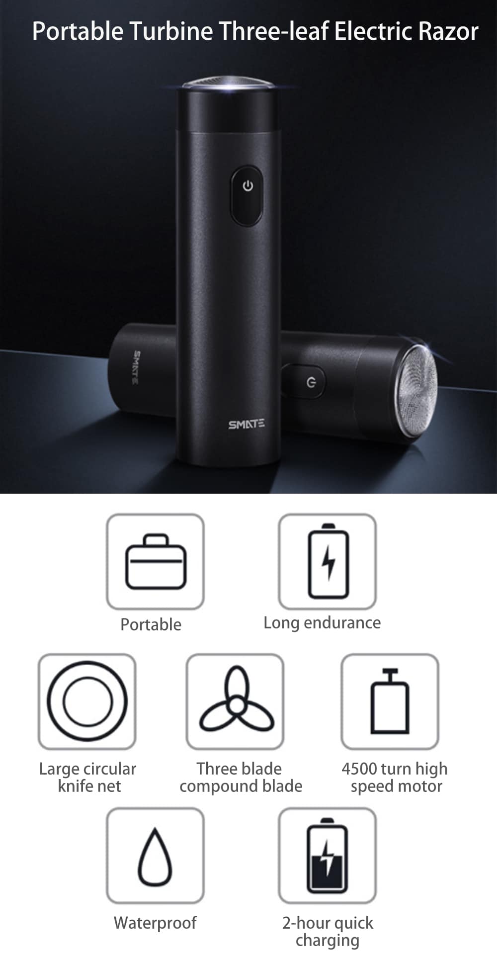 SMATE Portable Turbine Three-leaf Electric Razor from Xiaomi youpin- Black SMATE Portable Turbine Three-leaf Electric Razor from Xiaomi youpin- Black