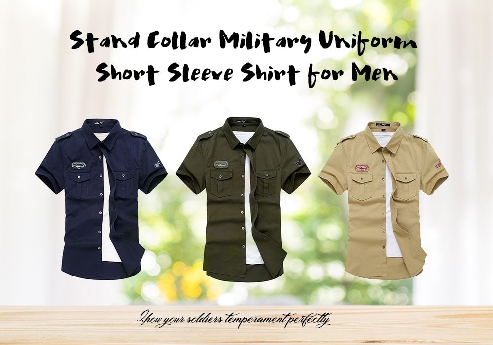 Breathable Stand Collar Military Uniform Short Sleeve Shirt for Men- Light Khaki M Breathable Stand Collar Military Uniform Short Sleeve Shirt for Men- Light Khaki M