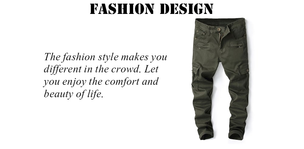 Zipper Fly Panel Design Pockets Cargo Jeans- Army Green 30 Zipper Fly Panel Design Pockets Cargo Jeans- Army Green 30