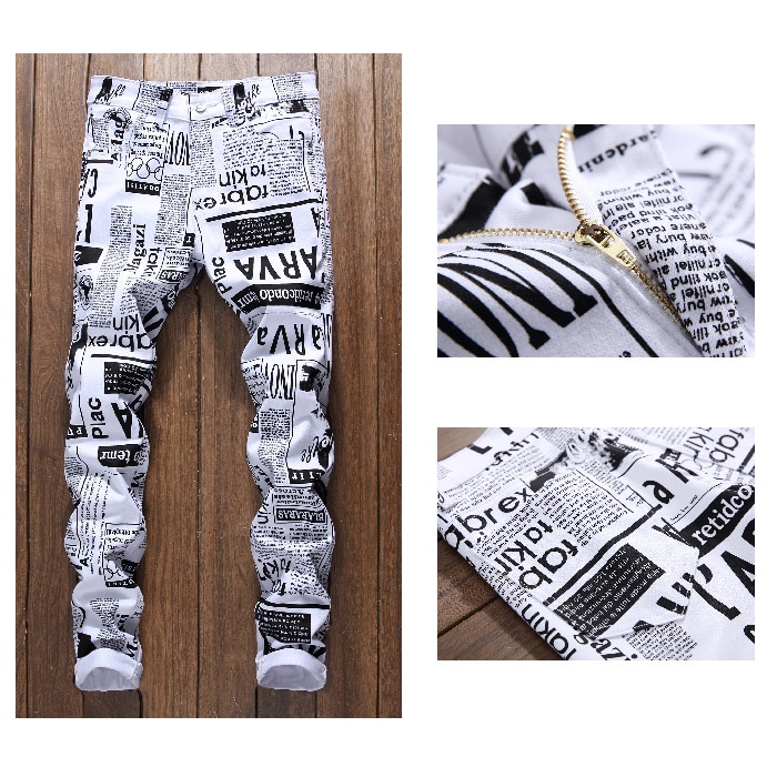 Zipper Fly Newspapers Print Skinny Jeans- White 34 Zipper Fly Newspapers Print Skinny Jeans- White 34