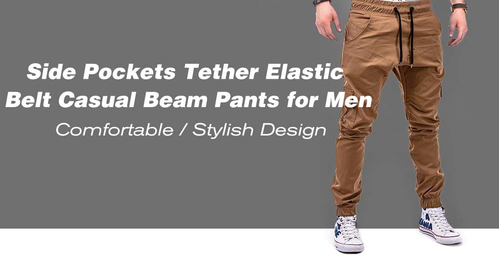 Fashion Solid Color Side Pockets Tether Elastic Belt Casual Beam Pants for Men- Caramel XL Fashion Solid Color Side Pockets Tether Elastic Belt Casual Beam Pants for Men- Caramel XL