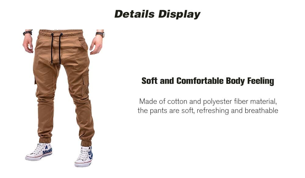 Fashion Solid Color Side Pockets Tether Elastic Belt Casual Beam Pants for Men- Caramel XL Fashion Solid Color Side Pockets Tether Elastic Belt Casual Beam Pants for Men- Caramel XL