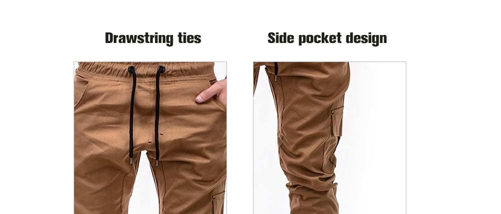 Fashion Solid Color Side Pockets Tether Elastic Belt Casual Beam Pants for Men- Caramel XL Fashion Solid Color Side Pockets Tether Elastic Belt Casual Beam Pants for Men- Caramel XL