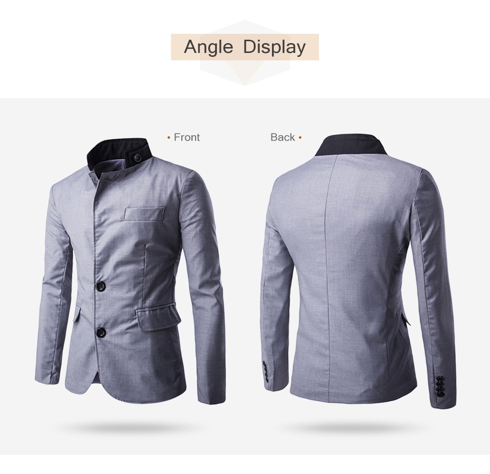 Casual Stand Collar Long Sleeve Button Pocket Men Suit- Black L Casual Stand Collar Long Sleeve Button Pocket Men Suit- Black L