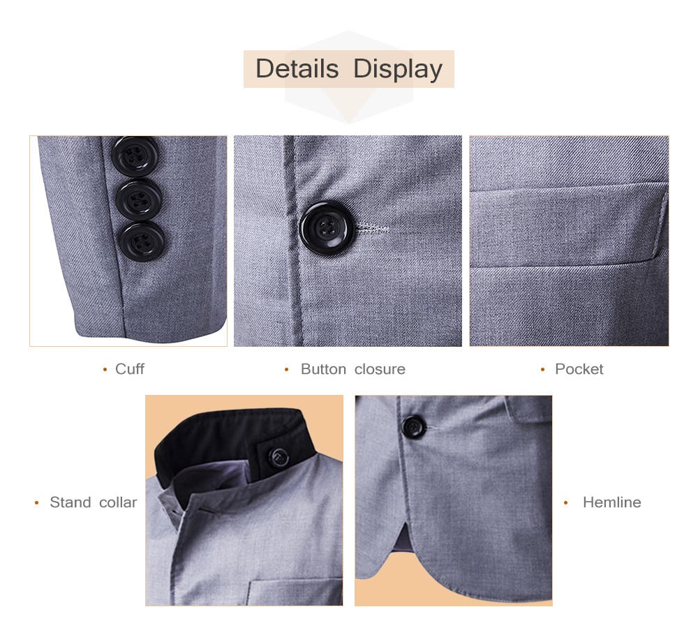 Casual Stand Collar Long Sleeve Button Pocket Men Suit- Black L Casual Stand Collar Long Sleeve Button Pocket Men Suit- Black L