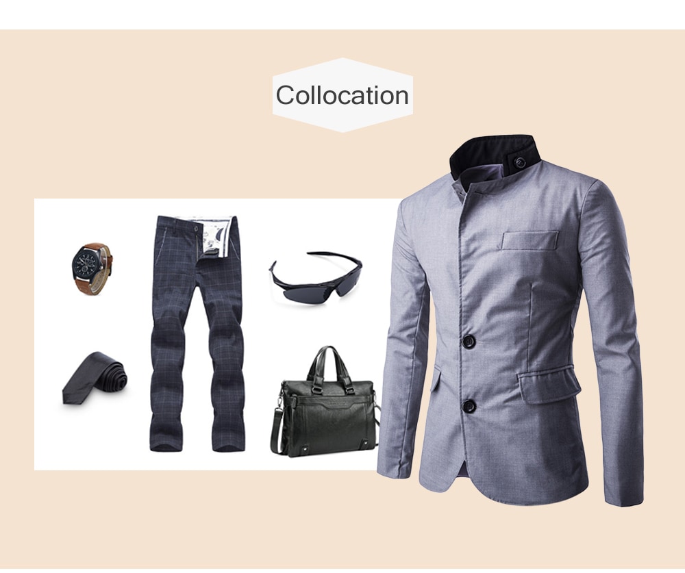 Casual Stand Collar Long Sleeve Button Pocket Men Suit- Black L Casual Stand Collar Long Sleeve Button Pocket Men Suit- Black L