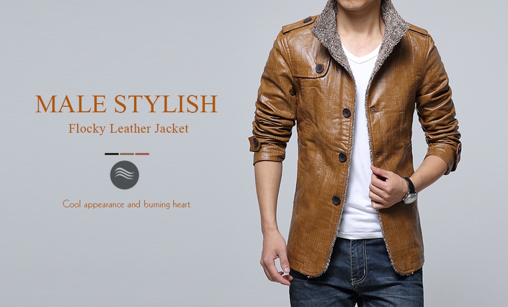 Stand Collar Flocking Single Breasted PU-Leather Jacket- Black 2XL Stand Collar Flocking Single Breasted PU-Leather Jacket- Black 2XL
