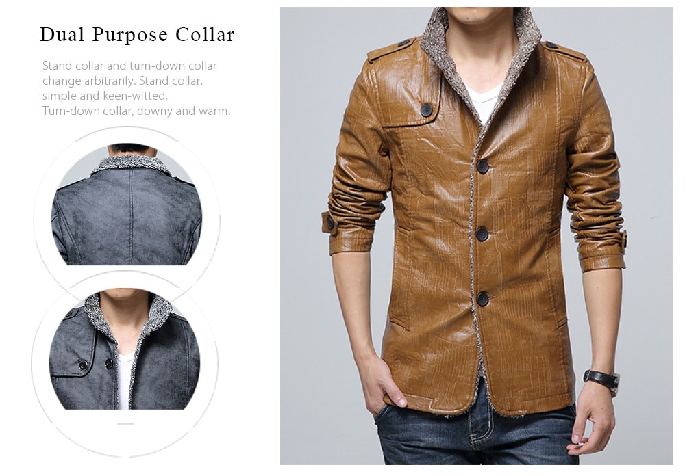 Stand Collar Flocking Single Breasted PU-Leather Jacket- Black 2XL Stand Collar Flocking Single Breasted PU-Leather Jacket- Black 2XL