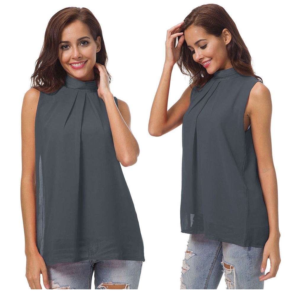 Women Fashion Chiffon Double High Collar Sleeveless Vest- Red 3XL Women Fashion Chiffon Double High Collar Sleeveless Vest- Red 3XL