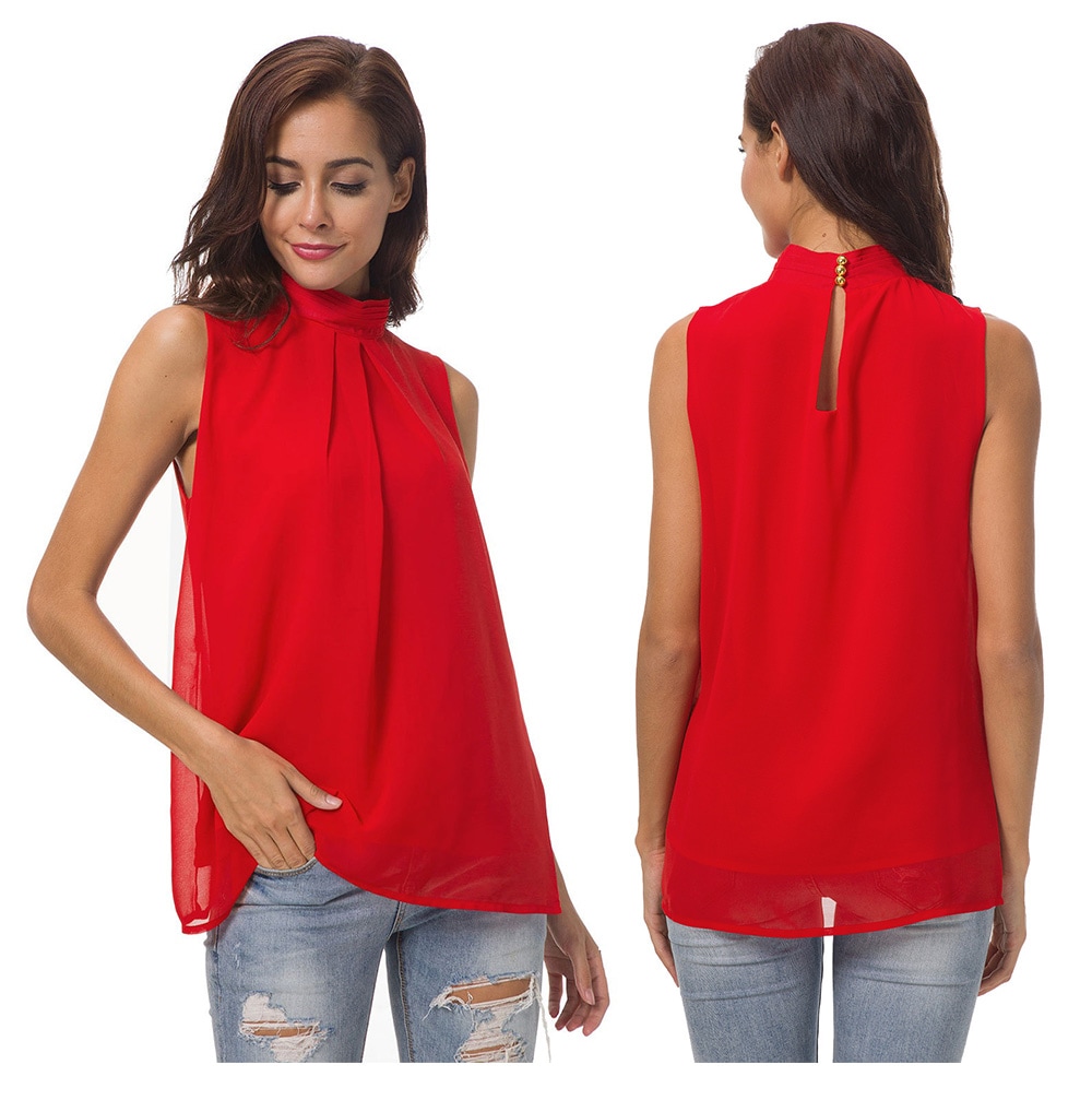 Women Fashion Chiffon Double High Collar Sleeveless Vest- Red 3XL Women Fashion Chiffon Double High Collar Sleeveless Vest- Red 3XL
