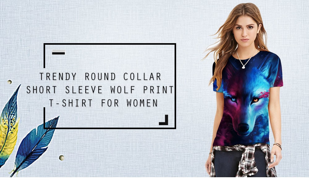 Trendy Round Collar Short Sleeve Wolf Print Women T-shirt- Lake Blue XL Trendy Round Collar Short Sleeve Wolf Print Women T-shirt- Lake Blue XL