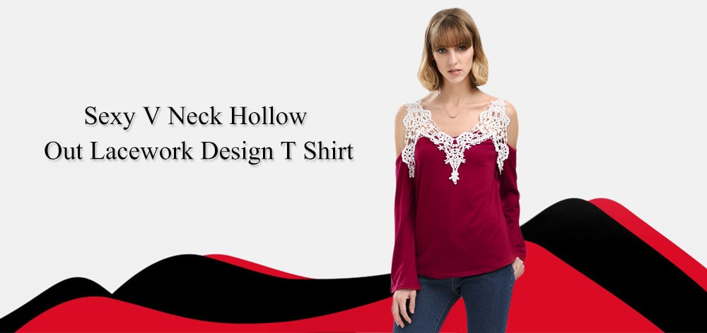 Sexy V-Neck Flare Sleeve Cut Out Lacework Deisgn Spliced Women T-Shirt- Red 2XL Sexy V-Neck Flare Sleeve Cut Out Lacework Deisgn Spliced Women T-Shirt- Red 2XL