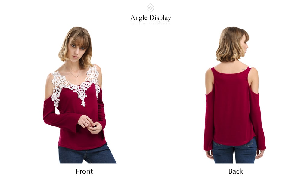 Sexy V-Neck Flare Sleeve Cut Out Lacework Deisgn Spliced Women T-Shirt- Red 2XL Sexy V-Neck Flare Sleeve Cut Out Lacework Deisgn Spliced Women T-Shirt- Red 2XL