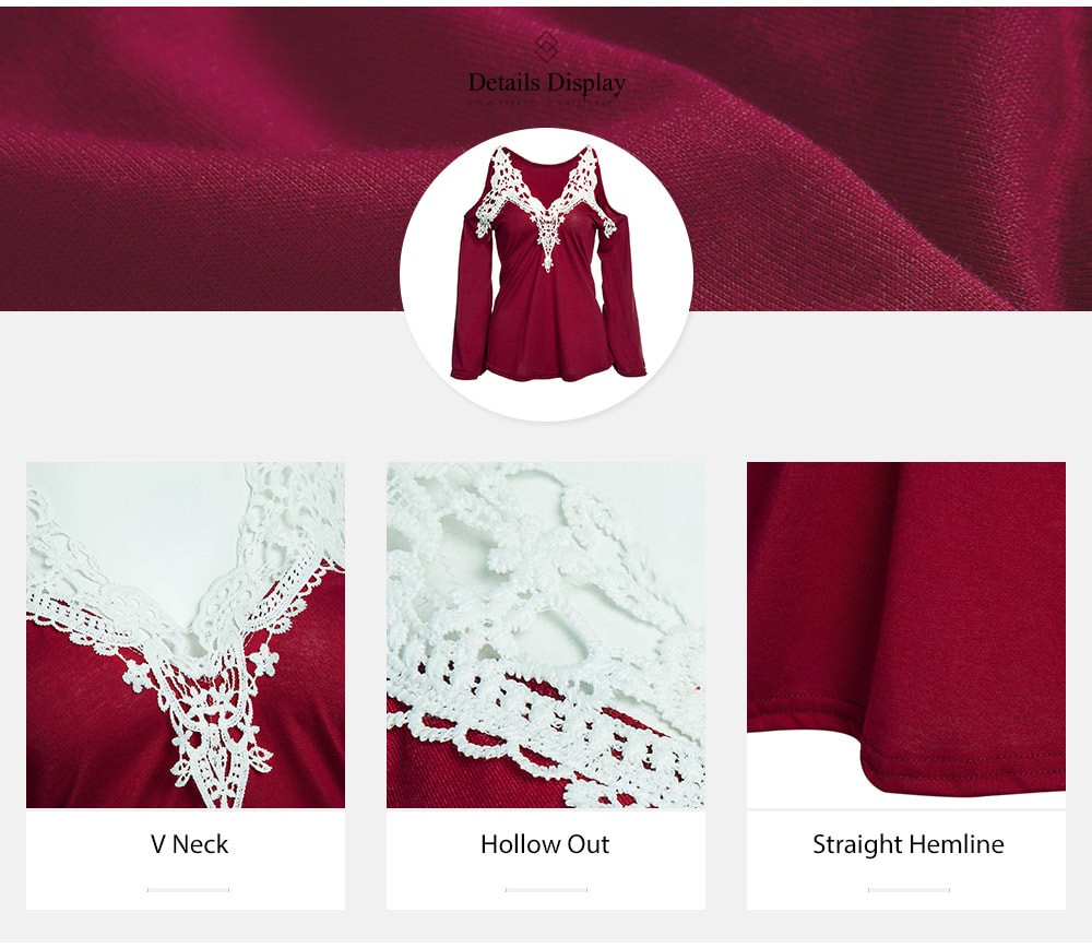 Sexy V-Neck Flare Sleeve Cut Out Lacework Deisgn Spliced Women T-Shirt- Red 2XL Sexy V-Neck Flare Sleeve Cut Out Lacework Deisgn Spliced Women T-Shirt- Red 2XL