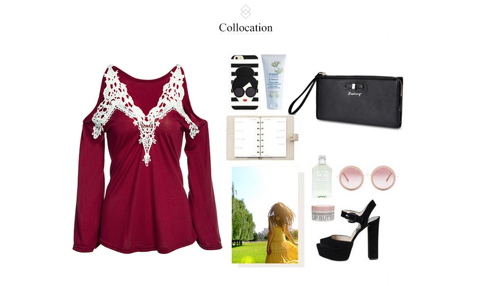 Sexy V-Neck Flare Sleeve Cut Out Lacework Deisgn Spliced Women T-Shirt- Red 2XL Sexy V-Neck Flare Sleeve Cut Out Lacework Deisgn Spliced Women T-Shirt- Red 2XL