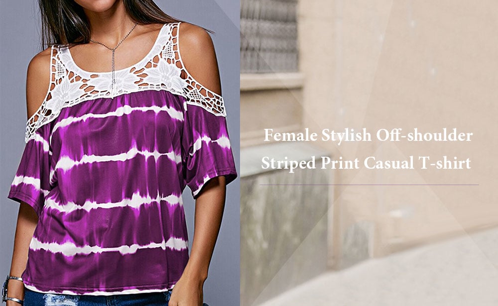 Women's T-shirt Casual Off-shoulder Striped Print Lace Stitching - Purple S Women's T-shirt Casual Off-shoulder Striped Print Lace Stitching - Purple S