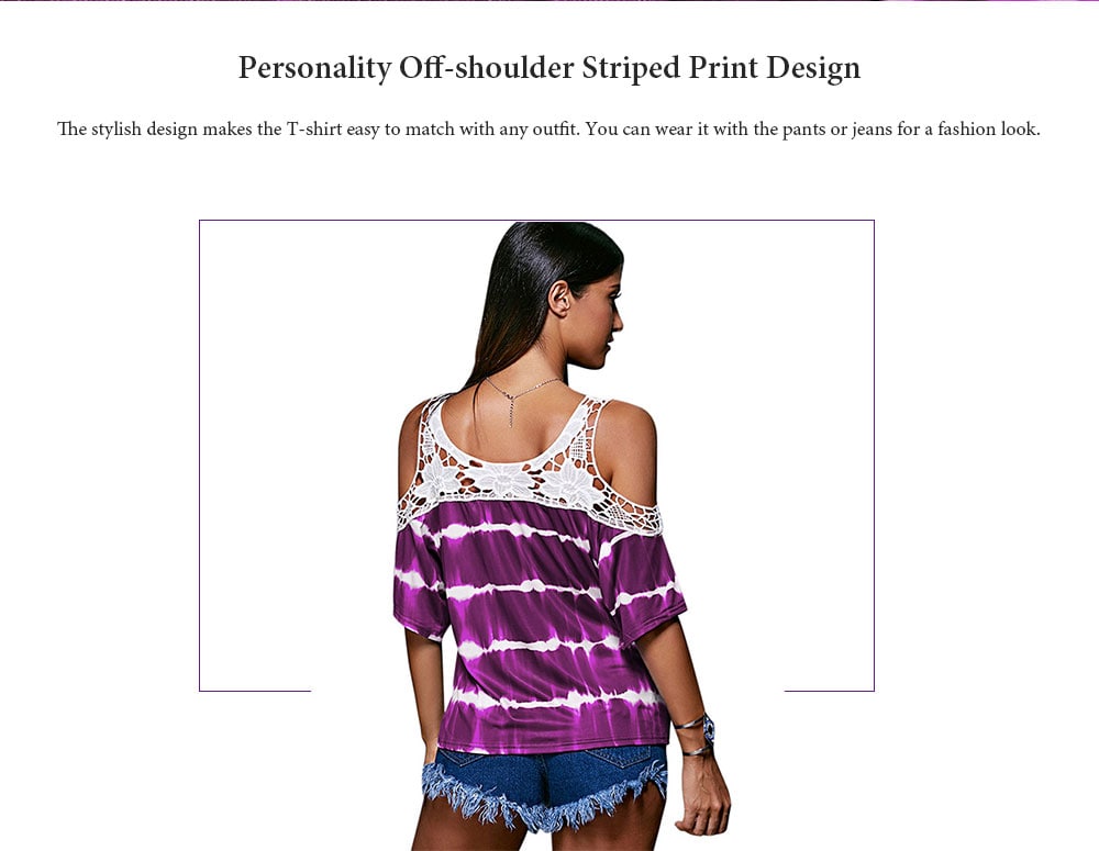 Women's T-shirt Casual Off-shoulder Striped Print Lace Stitching - Purple S Women's T-shirt Casual Off-shoulder Striped Print Lace Stitching - Purple S