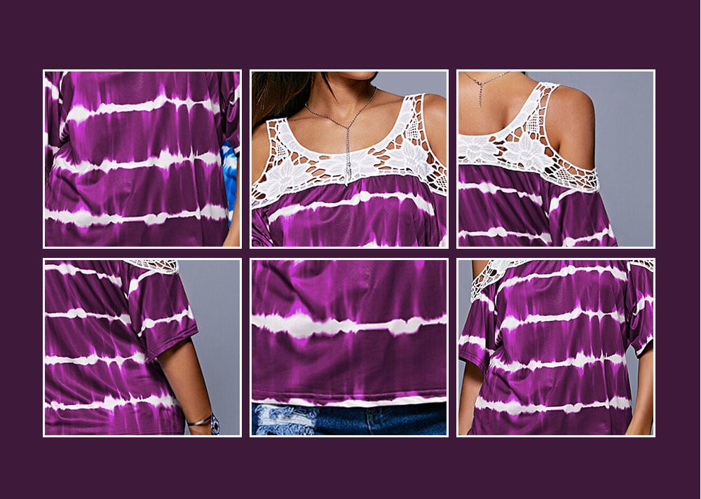 Women's T-shirt Casual Off-shoulder Striped Print Lace Stitching - Purple S Women's T-shirt Casual Off-shoulder Striped Print Lace Stitching - Purple S