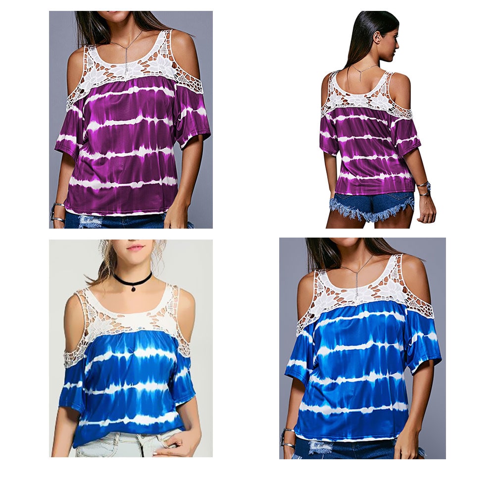 Women's T-shirt Casual Off-shoulder Striped Print Lace Stitching - Purple S Women's T-shirt Casual Off-shoulder Striped Print Lace Stitching - Purple S