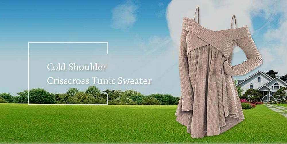 Open Shoulder Crisscross Tunic Sweater- Light Khaki M Open Shoulder Crisscross Tunic Sweater- Light Khaki M