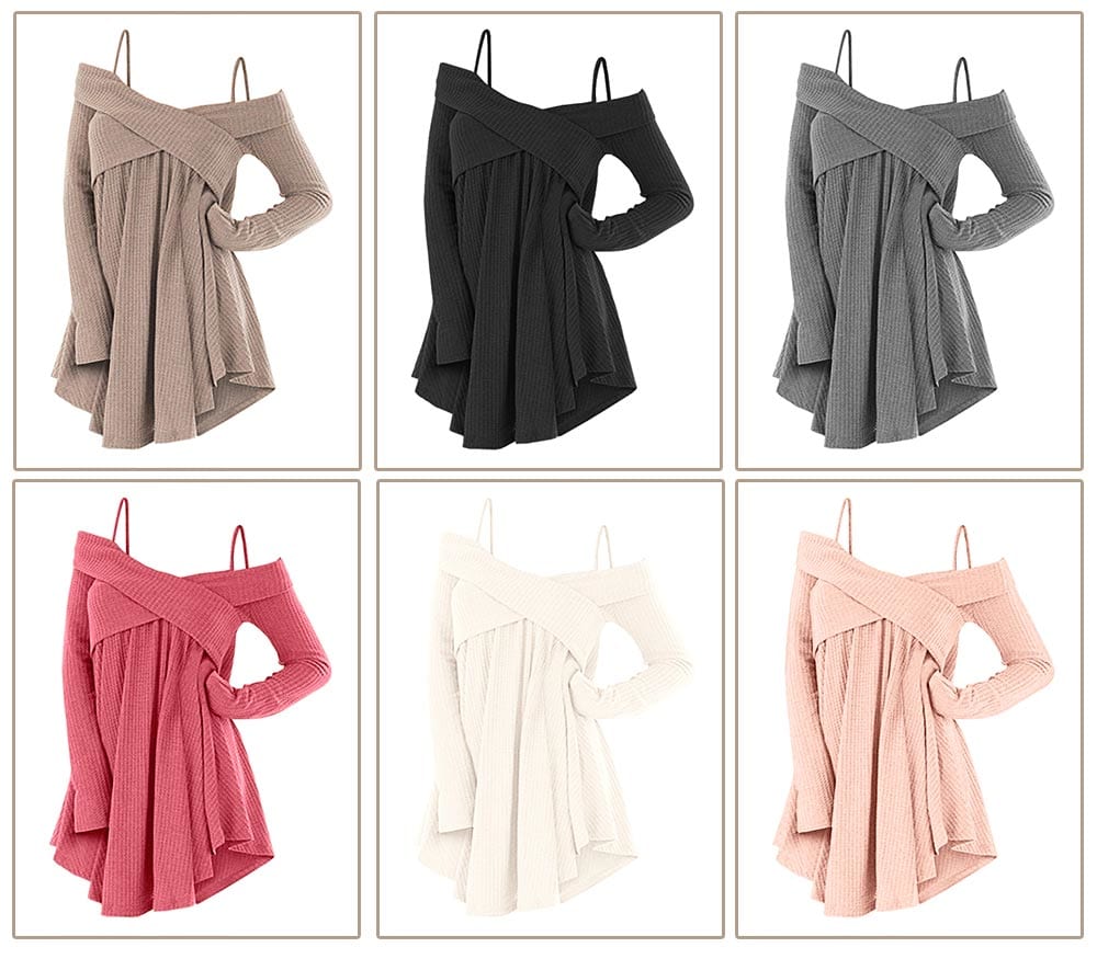 Open Shoulder Crisscross Tunic Sweater- Light Khaki M Open Shoulder Crisscross Tunic Sweater- Light Khaki M