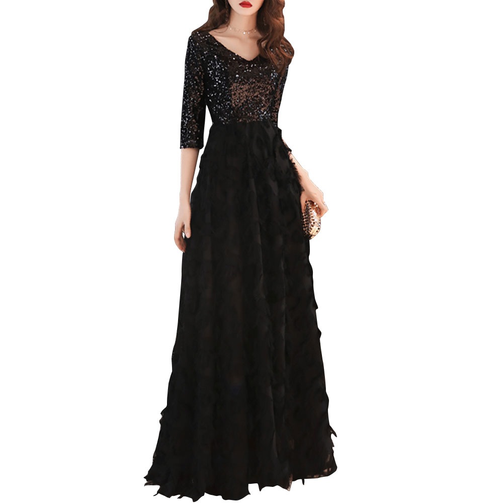 V-Neck Sequined Evening Dress- Silver S V-Neck Sequined Evening Dress- Silver S