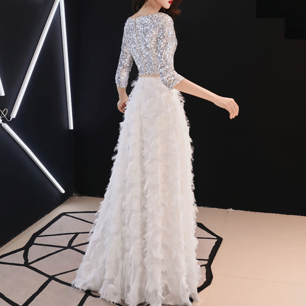 V-Neck Sequined Evening Dress- Silver S V-Neck Sequined Evening Dress- Silver S