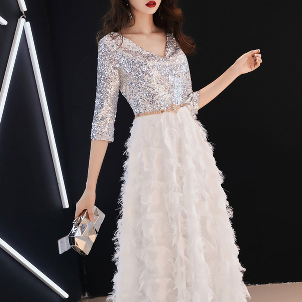 V-Neck Sequined Evening Dress- Silver S V-Neck Sequined Evening Dress- Silver S