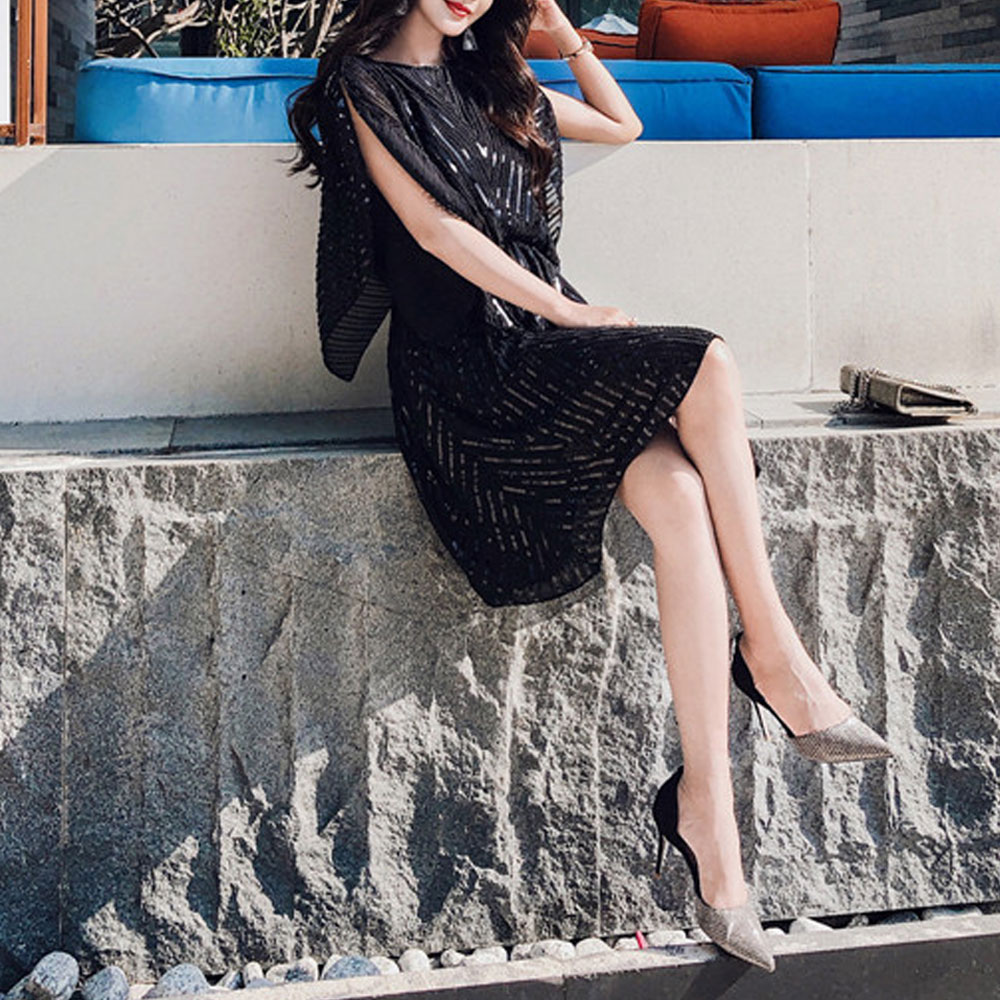Sequined Embroidered High-Grade Dress- Black One Size Sequined Embroidered High-Grade Dress- Black One Size
