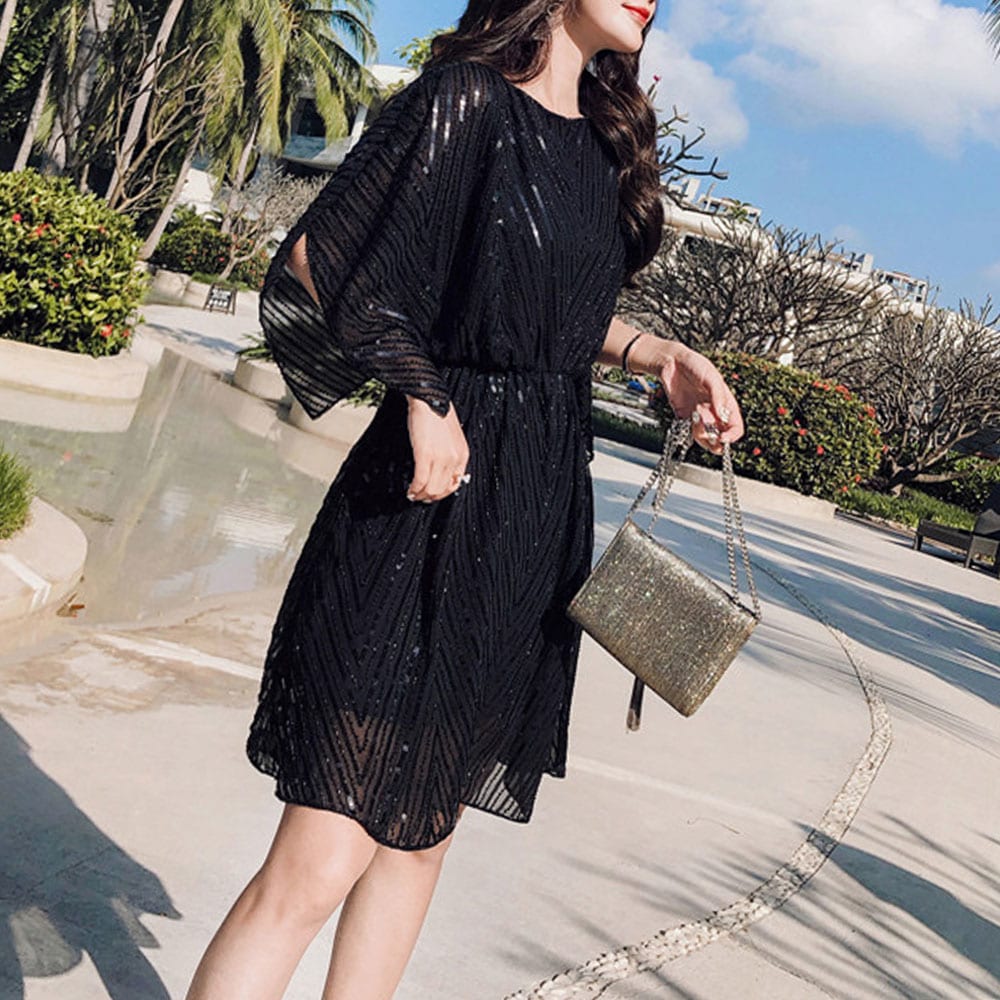 Sequined Embroidered High-Grade Dress- Black One Size Sequined Embroidered High-Grade Dress- Black One Size