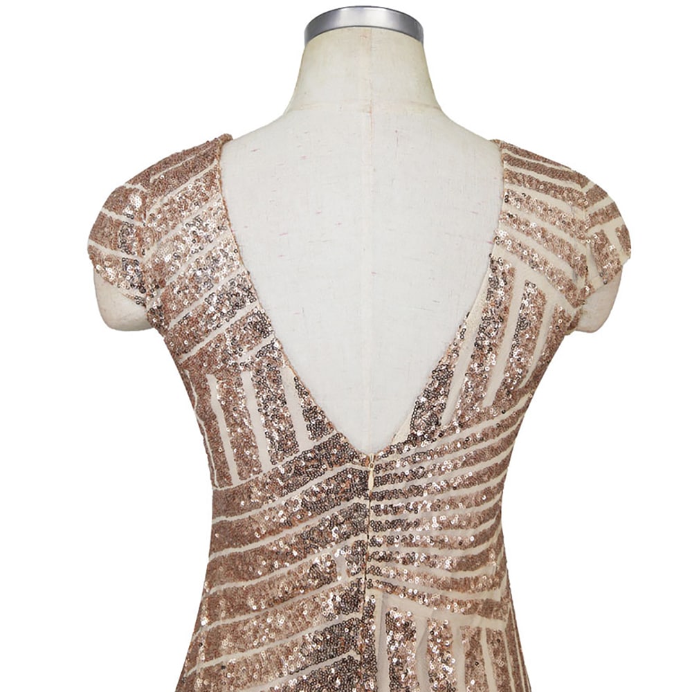 Women Fashion Sequins Slim Short Sleeve Tassel Patchwork Sexy Bodycon Midi Dress- Champagne Gold M Women Fashion Sequins Slim Short Sleeve Tassel Patchwork Sexy Bodycon Midi Dress- Champagne Gold M