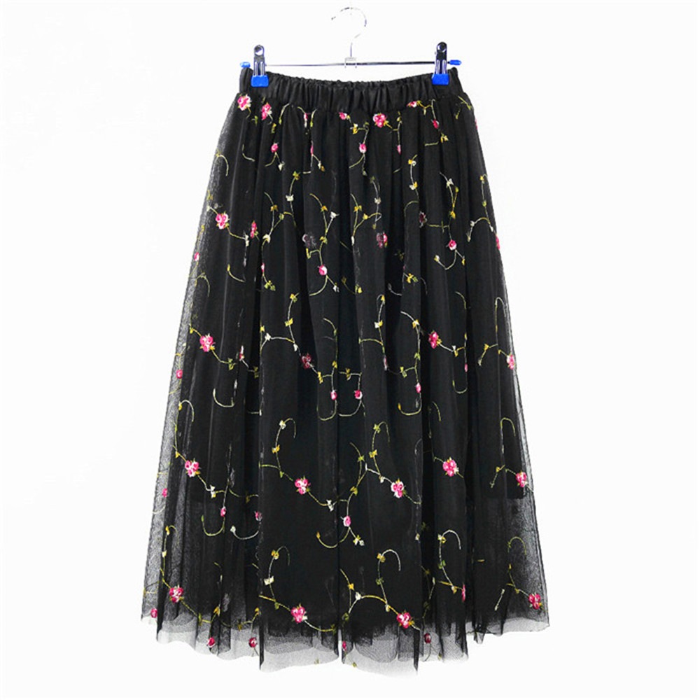 Women Elegant Elastic High Waist Embroidered Tulle Pleated Long skirt- Jet Black One Size Women Elegant Elastic High Waist Embroidered Tulle Pleated Long skirt- Jet Black One Size