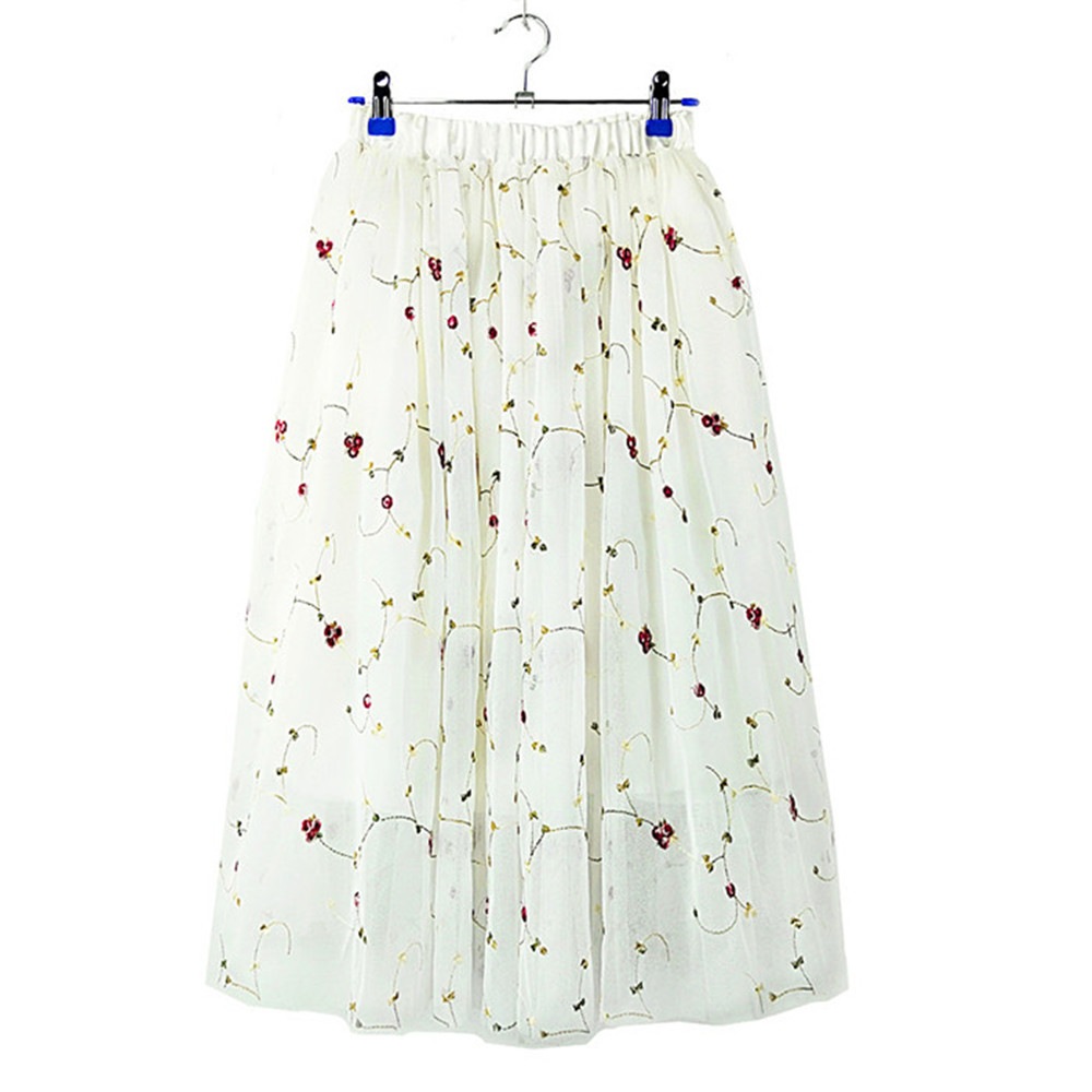 Women Elegant Elastic High Waist Embroidered Tulle Pleated Long skirt- Jet Black One Size Women Elegant Elastic High Waist Embroidered Tulle Pleated Long skirt- Jet Black One Size