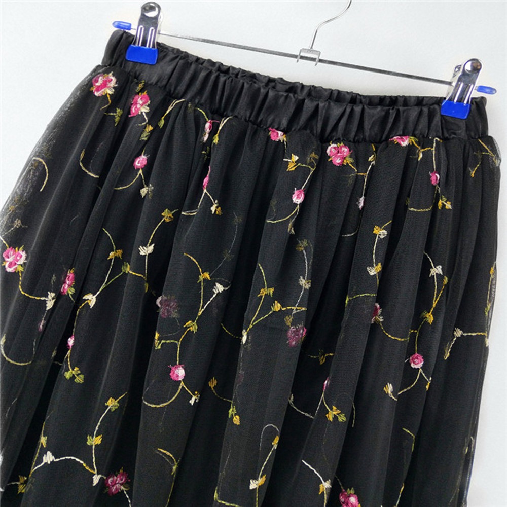 Women Elegant Elastic High Waist Embroidered Tulle Pleated Long skirt- Jet Black One Size Women Elegant Elastic High Waist Embroidered Tulle Pleated Long skirt- Jet Black One Size