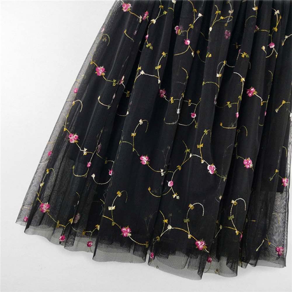 Women Elegant Elastic High Waist Embroidered Tulle Pleated Long skirt- Jet Black One Size Women Elegant Elastic High Waist Embroidered Tulle Pleated Long skirt- Jet Black One Size