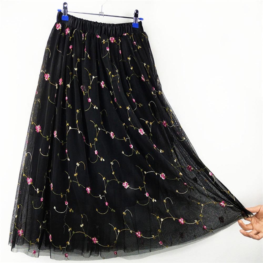 Women Elegant Elastic High Waist Embroidered Tulle Pleated Long skirt- Jet Black One Size Women Elegant Elastic High Waist Embroidered Tulle Pleated Long skirt- Jet Black One Size