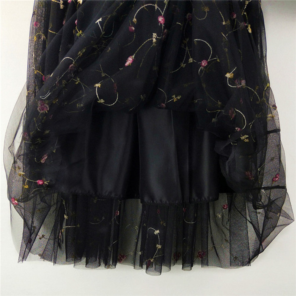Women Elegant Elastic High Waist Embroidered Tulle Pleated Long skirt- Jet Black One Size Women Elegant Elastic High Waist Embroidered Tulle Pleated Long skirt- Jet Black One Size
