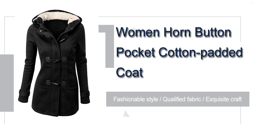 Women Classic Horn Button Pocket Cotton-padded Coat with Cap- Red 4XL Women Classic Horn Button Pocket Cotton-padded Coat with Cap- Red 4XL
