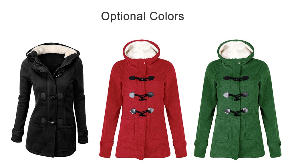 Women Classic Horn Button Pocket Cotton-padded Coat with Cap- Red 4XL Women Classic Horn Button Pocket Cotton-padded Coat with Cap- Red 4XL
