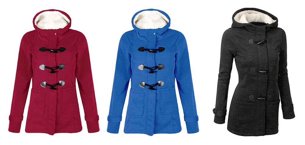 Women Classic Horn Button Pocket Cotton-padded Coat with Cap- Red 4XL Women Classic Horn Button Pocket Cotton-padded Coat with Cap- Red 4XL