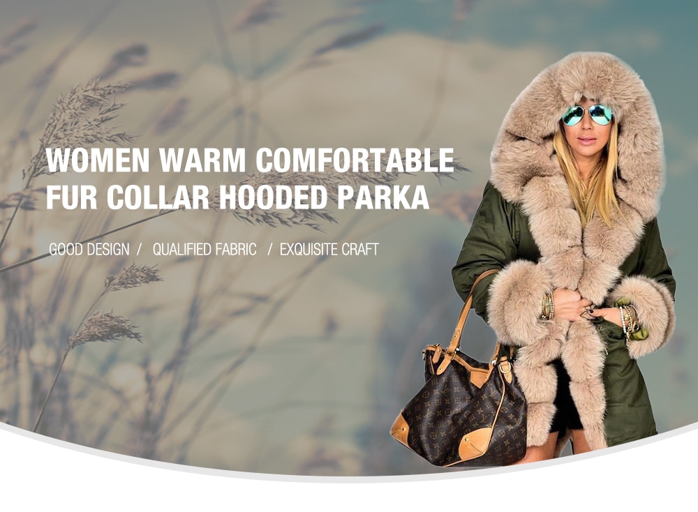 Women Warm Comfortable Fur Collar Hooded Parka- Black L Women Warm Comfortable Fur Collar Hooded Parka- Black L