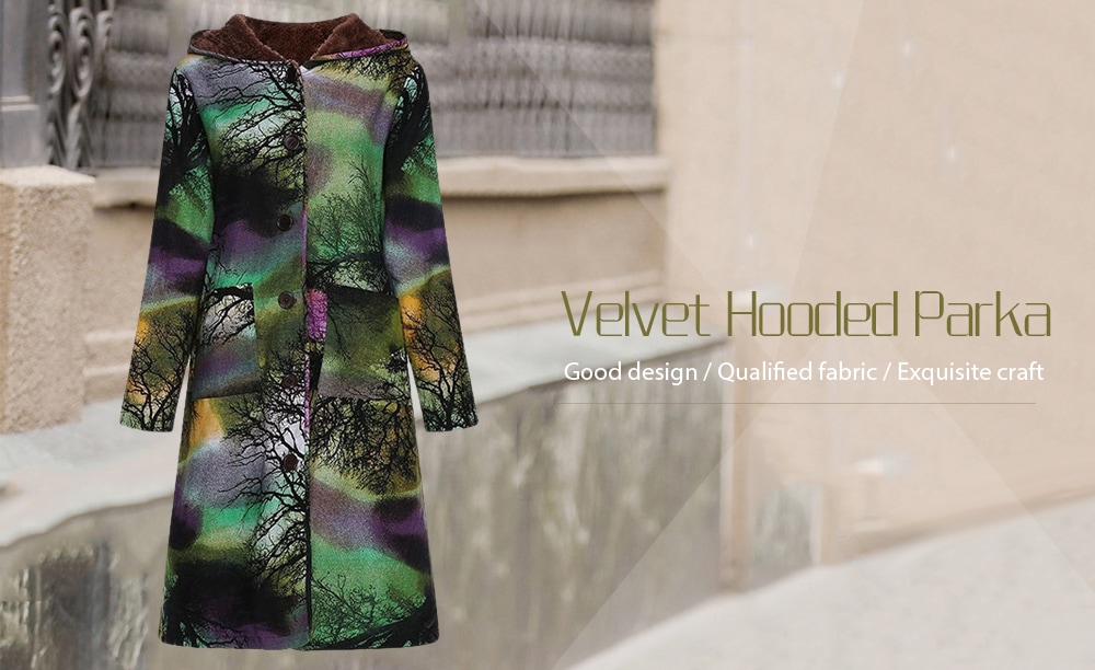 Women Long-sleeve Large Size Long Cotton Linen Vintage Ink Printing Plus Velvet Hooded Parka- Green 3XL Women Long-sleeve Large Size Long Cotton Linen Vintage Ink Printing Plus Velvet Hooded Parka- Green 3XL