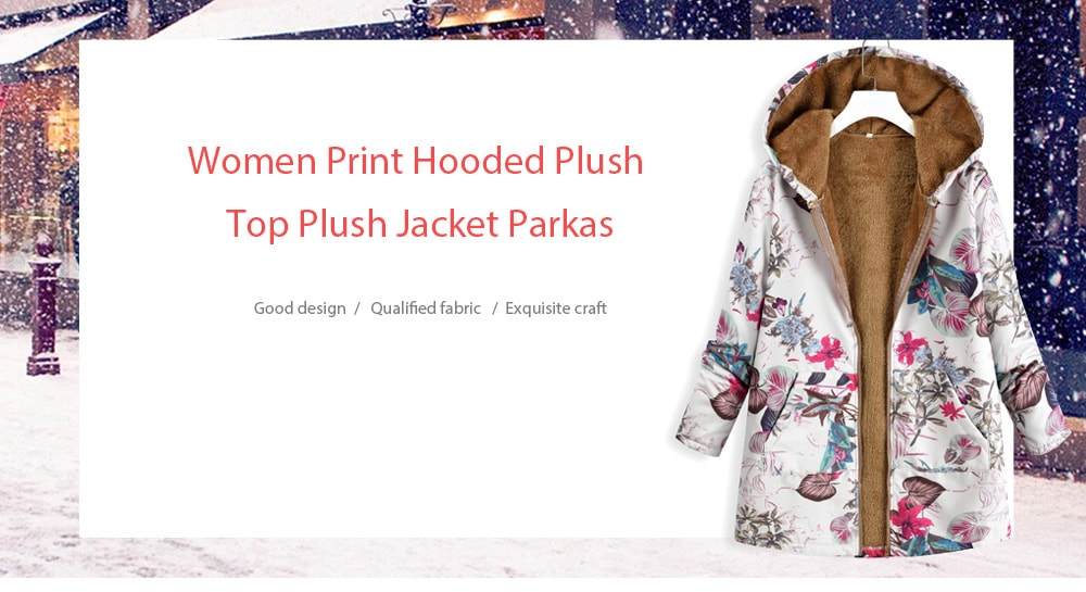 Women Print Hooded Plush Top Jacket Parkas- Sandy Brown S Women Print Hooded Plush Top Jacket Parkas- Sandy Brown S