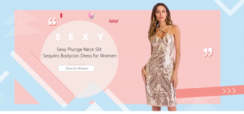 Sexy Plunge Neck Criss-cross Spaghetti Strap Backless Slit Sequins Women Bodycon Dress- Rose Gold XL Sexy Plunge Neck Criss-cross Spaghetti Strap Backless Slit Sequins Women Bodycon Dress- Rose Gold XL