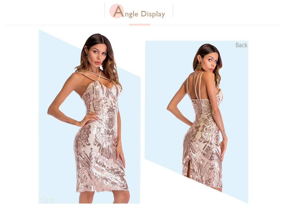 Sexy Plunge Neck Criss-cross Spaghetti Strap Backless Slit Sequins Women Bodycon Dress- Rose Gold XL Sexy Plunge Neck Criss-cross Spaghetti Strap Backless Slit Sequins Women Bodycon Dress- Rose Gold XL