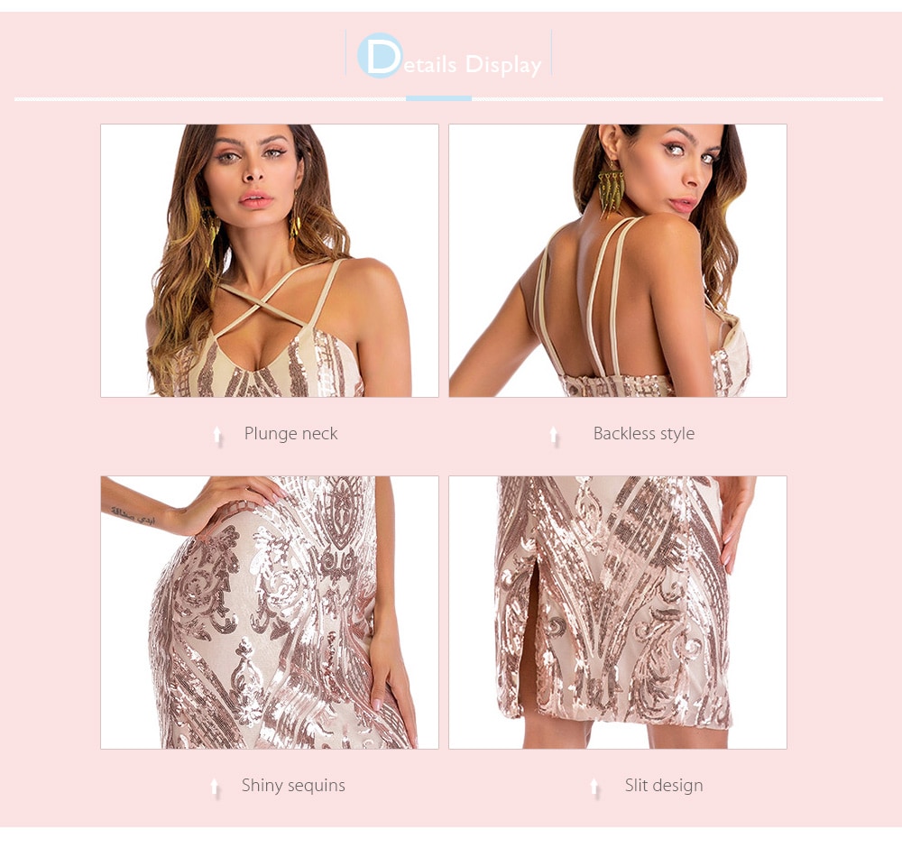 Sexy Plunge Neck Criss-cross Spaghetti Strap Backless Slit Sequins Women Bodycon Dress- Rose Gold XL Sexy Plunge Neck Criss-cross Spaghetti Strap Backless Slit Sequins Women Bodycon Dress- Rose Gold XL