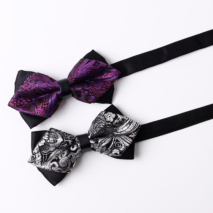 Vintage Floral Woven Pattern Silky Bow Tie- Silver White Vintage Floral Woven Pattern Silky Bow Tie- Silver White