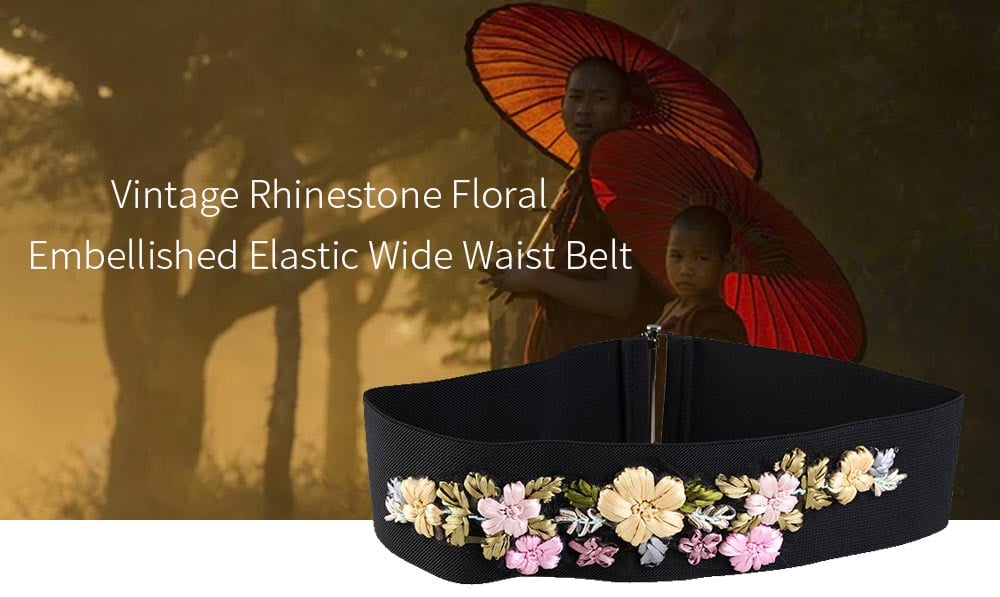 Vintage Rhinestone Floral Embellished Elastic Wide Waist Belt- Red and White Vintage Rhinestone Floral Embellished Elastic Wide Waist Belt- Red and White