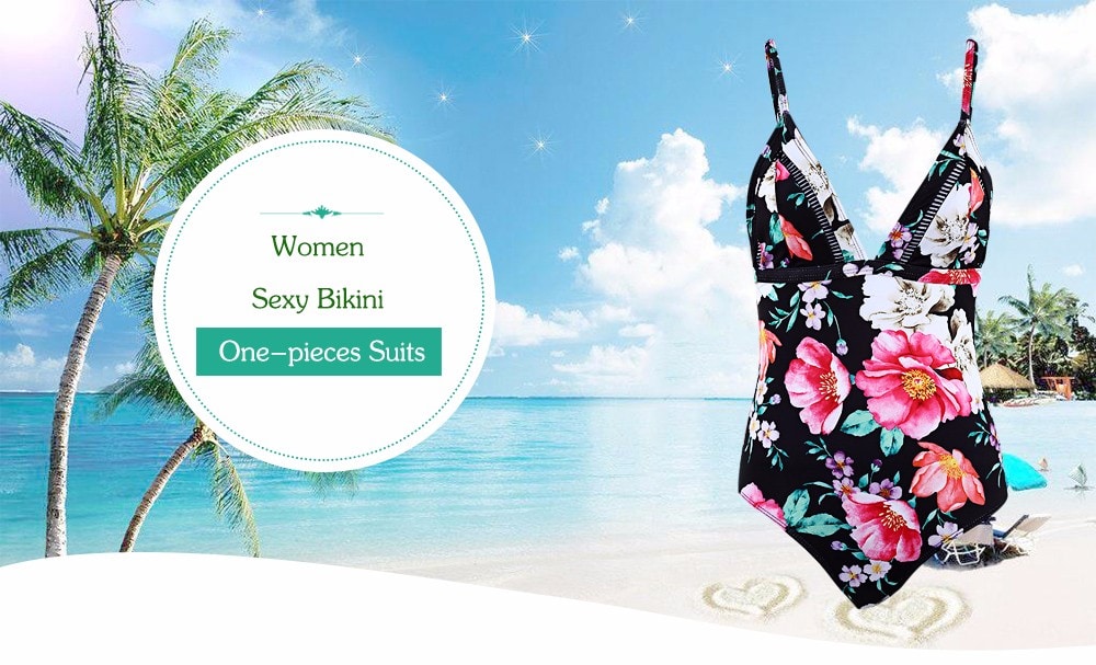Women Spaghetti Strap V-neck Print Bikini One-pieces Suits- Colormix L Women Spaghetti Strap V-neck Print Bikini One-pieces Suits- Colormix L