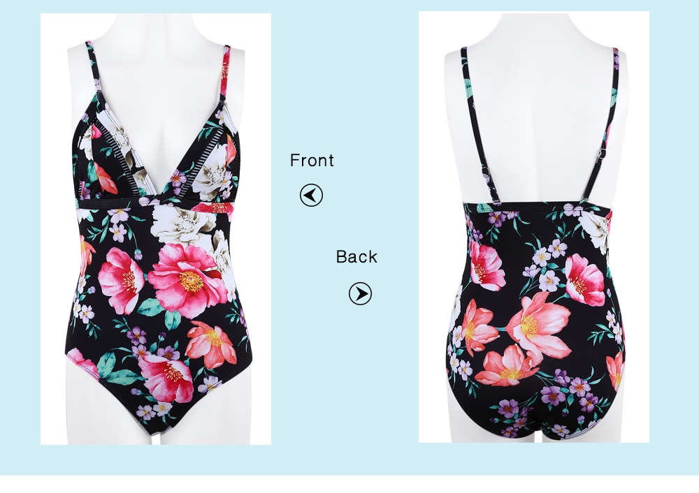 Women Spaghetti Strap V-neck Print Bikini One-pieces Suits- Colormix L Women Spaghetti Strap V-neck Print Bikini One-pieces Suits- Colormix L